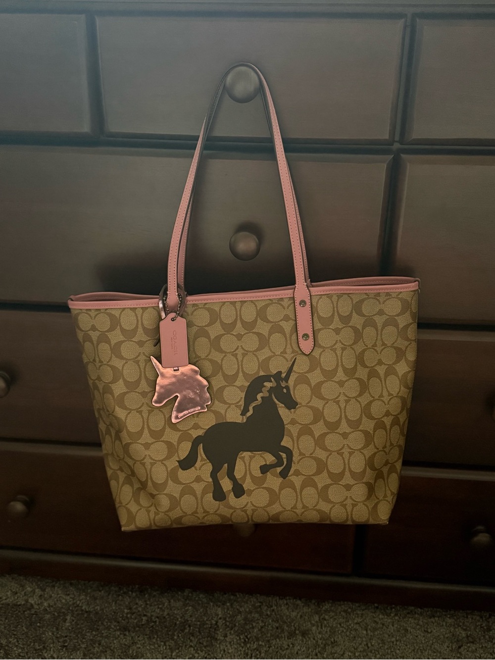 Coach Brown Signature Canvas Tote with Pink Trim and Unicorn Graphic